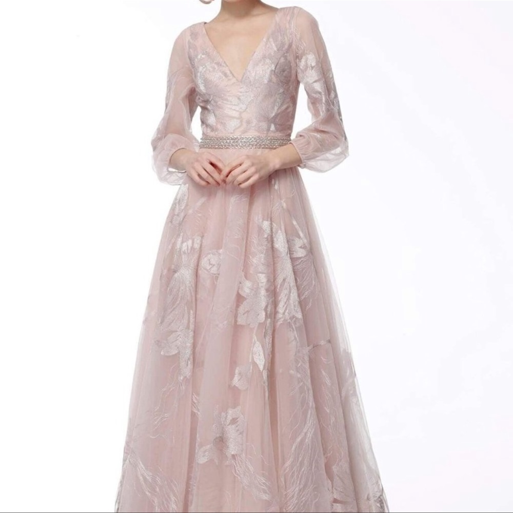 Jovani - Quarter Bishop Sleeve Floral Long Dress 68056SC
